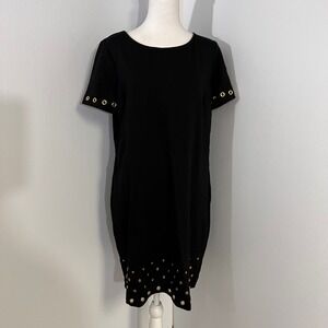 Roz &‎ Ali Black Shift Dress Short Sleeve Gold Grommet Accents Casual Chic